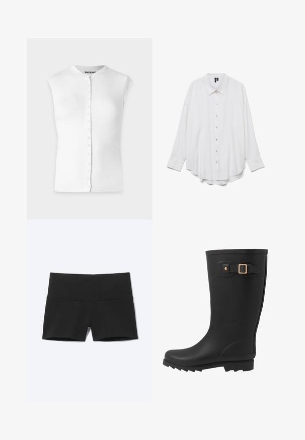 Mouwloze witte blouse met een hoge ronde halslijn en kleine witte knoopjes middenvoor.; Witte blouse met lange mouwen, knopen, puntkraag en gebogen zoom, afgebeeld tegen een effen witte achtergrond.; Zwarte nauwsluitende sportshorts met een brede tailleband, ontworpen voor comfort en flexibiliteit.; Zwarte rubberen regenlaars met een ronde neus, een gestructureerde zool en een zijklepdetail met een gouden gespaccents.