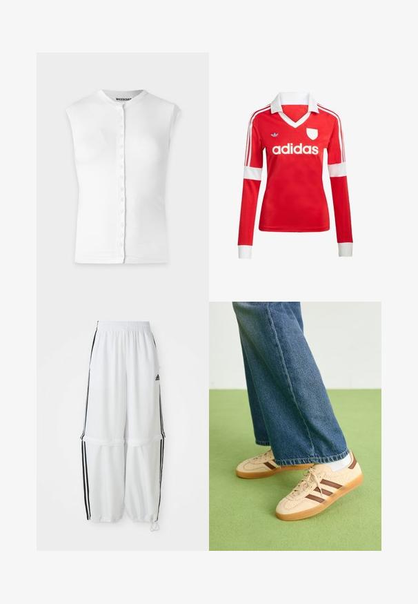 Chemise blanche sans manches avec un col rond haut et de petits boutons blancs sur le devant au centre.; Maillot de football à manches longues rouge avec un col et des poignets blancs. Présente trois rayures blanches sur les épaules et le logo "adidas" affiché en évidence.; Pantalons de sport blancs avec une coupe décontractée, une taille élastique et des rayures noires sur les côtés. Équipés de poches avec fermeture éclair et de poignets élastiques aux chevilles.; Baskets beiges avec des panneaux crémeux texturés et des rayures brunes, accompagnées d'un jean en denim bleu. Le jean a une coupe large et un ourlet effiloché.