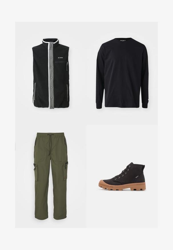 Gilet en polaire noir avec un devant à boutons gris, poche poitrine zippée, deux poches latérales et logo Columbia Sportswear sur la poitrine.; T-shirt noir à manches longues en coton, avec un col rond et une coupe droite, présentant un petit logo sur la manche.; Pantalons cargo vert olive en tissu léger, avec une taille élastique, un système de fermeture à cordon, et plusieurs poches zippées.; Bottes de cheville en toile noire avec semelles en caoutchouc marron, dotées d'œillets en métal, d'un design à lacets et d'une surface texturée.