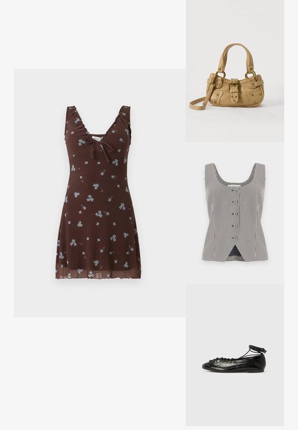 Blouse sans manches à carreaux noirs et blancs avec cinq boutons au centre et une petite fente triangulaire à l'avant, au niveau de l'ourlet.; Robe marron sans manches avec petit imprimé floral bleu, bretelles froncées, col en V et détail noué à l'avant.; Ballerines en cuir verni noir avec un bout rond, un design à lacets et une semelle plate. Texture lisse avec peu de détails.; Sac à main en cuir beige avec double poignées, boucle en laiton et détails rivetés, ainsi qu'une bandoulière réglable sur fond blanc.