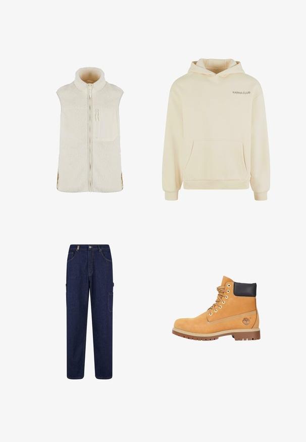 Witte fleece vest met een hoge kraag, een rits aan de voorkant en een borstzak aan de linkerzijde. Kenmerkt zich door zijsplitsen en een zacht, textuurachtig materiaal.; Crème hoodie met een kangoeroezak, ribgebreide manchetten en onderrand. Kenmerkt een subtiele print van het "KARMA CLUB" logo aan de linkerkant. Zachte textuur.; Donkerblauwe denim cargobroek met een rechte pasvorm, voorzien van meerdere zakken, zichtbare stiksels en een knoopsluiting aan de tailleband.; Tan suède laars met een zwarte gewatteerde kraag, metalen oogjes en rubberen zool, voorzien van ton-sur-ton stiksels en een logo aan de zijkant.
