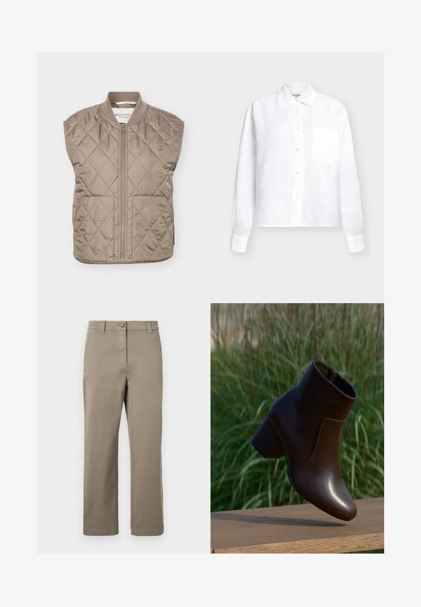 Veste beige matelassée sans manches avec fermeture éclair frontale, deux poches et col côtelé, posée à plat sur un fond blanc.; Chemise blanche à manches longues avec boutons, col et poche poitrine, design uni sur fond clair.; Chino en coton kaki avec une coupe droite, dotés d'un bouton à l'avant, de poches latérales et d'une texture lisse. Pas de motifs ou d'accents visibles.; Bottine en cuir marron foncé à talon bloc flottant au-dessus d'une surface en bois, avec un arrière-plan flou d'herbe verte.