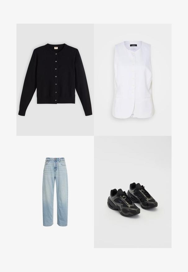 Hvid linned vest med rund halsudskæring, forreste knaplukning og sidelommer. Skræddersyet pasform med en glat tekstur og et minimalistisk design.; Sort cardigan med rund hals, lange ærmer og frontknaplukning. Lavet af blødt stof med diskrete ribbede manchetter og kant.; Lys blå jeans med højtaljet lige ben, fem lommer og knaplukning, vist mod en hvid baggrund.; Sorte sportssko lavet af syntetisk materiale med mesh-detaljer og afrundede såler. Har snørresystem og fremtrædende Nike-logo på tungen.
