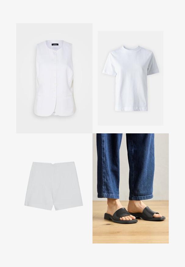 Witte linnen vest met een ronde halslijn, voor knoopsluiting en zijzakken. Getailleerde pasvorm met een gladde textuur en een minimalistisch ontwerp.; Witte katoen t-shirt met een ronde hals, korte mouwen, een rechte snit en een gladde textuur. Geen patronen of versieringen.; Witte shorts met een op maat gemaakte uitstraling, vlakke voorkant, twee zijzakken en een nette zoom. Gemaakt van een soepel materiaal zonder zichtbare patronen.; Zwarte instapsandalen van glad materiaal, met een open teen en een brede bovenband, geplaatst tegen donkere denimspijkerbroeken met een rechte pasvorm.