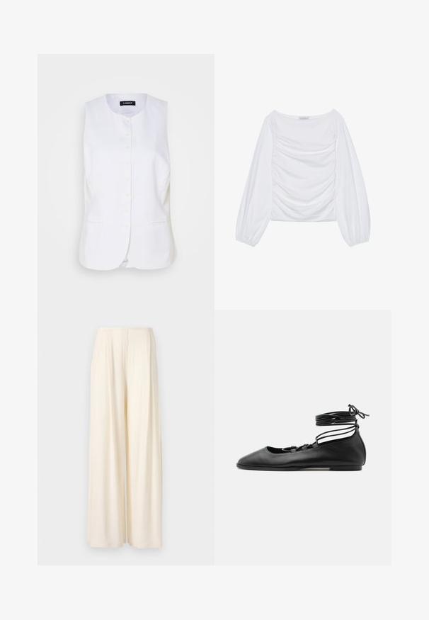 Witte linnen vest met een ronde halslijn, voor knoopsluiting en zijzakken. Getailleerde pasvorm met een gladde textuur en een minimalistisch ontwerp.; Witte lange mouwen top met een brede halslijn en geplooide details aan de voorkant. Gemaakt van zachte stof met luchtige mouwen.; Norma Kamali MENS PLEAT - Broek - cream; Zwarte leren platte ballerinaschoen met een puntige neus, meerdere dunne bandjes over de bovenkant en veterstrikjes die rond de enkel zijn gewikkeld.
