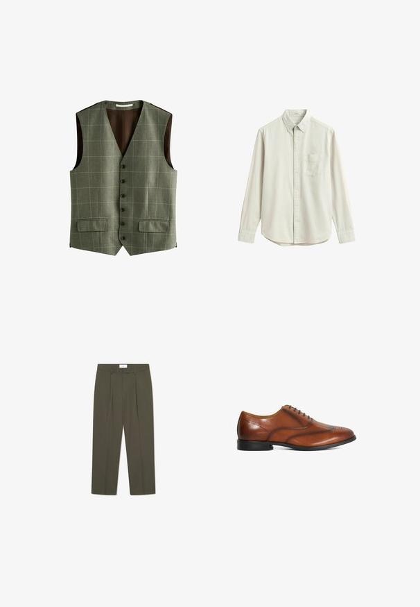 Chaleco gris sin mangas con botones, con un sutil patrón de cuadros y dos bolsillos delanteros con solapa, forrado con tela marrón oscura.; Camisa beige de manga larga con botones, bolsillo frontal en el pecho y cuello clásico, mostrada extendida sobre un fondo blanco.; Pantalones verde oliva con rayas verticales, que cuentan con una cintura entallada, pliegues y un diseño de pierna recta. Textura suave.; Zapato de vestir Oxford de hombre en cuero marrón con detalles brogue y suela negra, mostrado de perfil sobre fondo blanco.