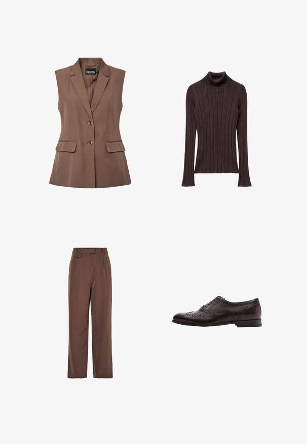 Ærmeløs brun skræddersyet blazer med to knapper, revers med hak og klaffelommer på begge sider.; Mørkebrun ribbet turtleneck sweater med en tæt siddende krave og lange ærmer, der har en struktureret tekstil og lige kant.; Brune vævede bredbenede bukser med høj talje, frontfolder og knapdetalje. Glat tekstur med en skræddersyet design.; Brune læder dress sko med brogue-detaljer, snørebånds lukning, rund tå og en lav stablet hæl. Poleret finish og indviklede perforeringer.