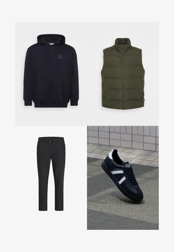 Olivenfarbener Puffer-Weste mit hohem Kragen, Frontreißverschluss und zwei Seitentaschen. Glatte Textur mit gesteppten Paneelen für Isolierung.; Schwarzer Hoodie aus Baumwollmischung, mit einer vorderen Kängurutasche, einer Kapuze mit Zugband und einem dezenten Logodesign auf der Brust.; Schwarze Freizeithose mit elastischem Bund und verstellbarem Kordelzug, geradem Bein und Gürtelschlaufen.; Schwarze Leder-Sneaker mit weißen Streifen, strukturiertem Gummisohle und Schnürung. Verfügt über ein Markenetikett auf der Zunge.
