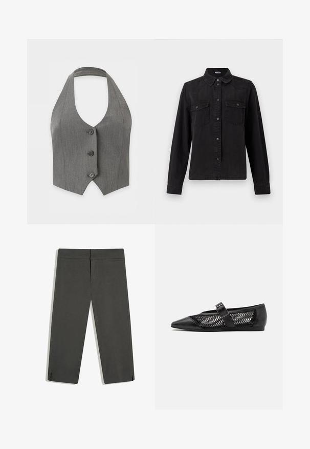 Gilet gris sans manches à col halter avec trois boutons noirs sur le devant et un ourlet pointu sur fond blanc.; Chemise en denim noir à manches longues, avec deux poches plaquées poitrine et un col classique sur un fond blanc.; Pantalon droit gris foncé avec fentes latérales en bas, ceinture plate devant et surpiqûres discrètes, présenté à plat sur fond blanc.; Chaussure plate noire avec un bout pointu, panneaux latéraux en maille et une sangle avec une boucle décorative. Fini lisse sur les sections du bout et du talon.