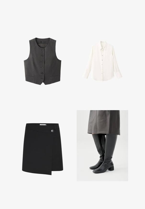 Mørkegrå vest med et rutet mønster, seks frontknapper og to sidelommer. Glat stof og ærmeløs design.; Hvid skjorte med lange ærmer og knapper foran, klassisk krave og knaplukning; har et glat, let stof og afrundet kant.; Sort omslagskørt lavet af et glat stof, med en sidelukning og en asymmetrisk kant for et struktureret udseende.; Knæhøje sorte læderstøvler med firkantet tå, skråt stillet blokhæl og en sidesyning; glat tekstur og tætsiddende design.