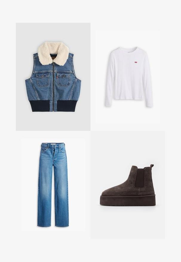 Jeansweste mit vorderem Reißverschluss, zwei Brusttaschen mit Knöpfen, geripptem Bund und weißem Fleecekraus auf einfarbigem Hintergrund.; Weißes Langarmhemd aus weicher Baumwolle. Mit kleinem rotem Levi's-Logo auf der linken Brust. Klassisches Rundhals-Design.; Blaue Denim-Jeans mit hoher Taille, weitem Bein-Design und Fünf-Taschen-Stil. Sie verfügen über einen Knopfverschluss und ein verwaschenes Finish.; Braune Wildleder Chelsea-Stiefel mit elastischen Seitenpaneelen und einer dicken, strukturierten Plattformsohle. Mit einem Ziehband an der Ferse für ein einfaches An- und Ausziehen.