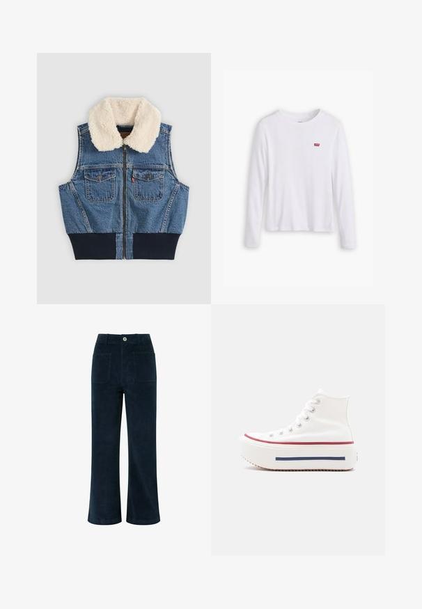 Denimvest med forreste lynlås, to brystlommer med knapper, ribkant i taljen og hvid fleecekrave på ensfarvet baggrund.; Hvid langærmet skjorte lavet af blødt bomuld. Har et lille rødt Levi's logo på venstre bryst. Klassisk crew neck design.; Mørkeblå fløjlbukser med høj talje, bred benåbning, to baglommer og knappelukning foran. Blød tekstur med en glat overflade.; Hvid højtliggende sneaker med tyk plateau-sål, røde og blå striber på sålen, hvide snørebånd og metaløjer, sidevisning mod ensfarvet baggrund.