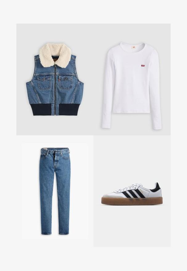 Jeansweste mit vorderem Reißverschluss, zwei Brusttaschen mit Knöpfen, geripptem Bund und weißem Fleecekraus auf einfarbigem Hintergrund.; Weißes Levi's Langarmshirt mit Rundhalsausschnitt und kleinem rotem Levi's Logo auf der linken Brust, dargestellt vor einfarbigem Hintergrund.; Hellblaue Denim-Jeans mit geradem Schnitt, fünf Taschen und klassischem Knopfverschluss. Mit orangefarbenen Nähten und einer leicht verwaschenen Textur.; Weiße Leder Sneakers mit schwarzen Streifen, Gummigummi-Außensohle, runder Zehenform, Schnürverschluss und weichem grauem Wildleder-Zehenkappe.