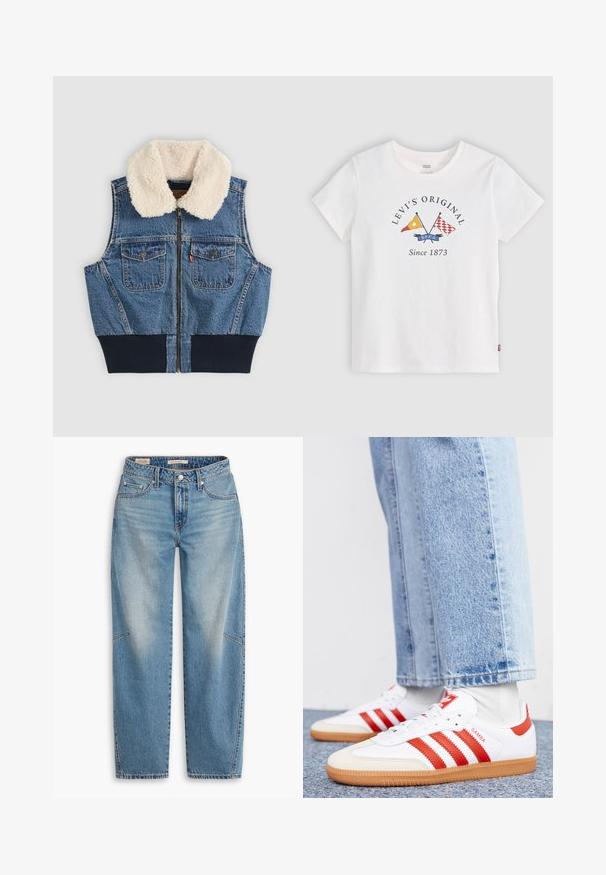 Chaleco vaquero con cremallera frontal, dos bolsillos en el pecho con botones, cinturilla acanalada y cuello de forro polar blanco sobre un fondo liso.; Camiseta blanca de manga corta Levi's con banderas cruzadas amarillas y rojas y texto "Levi's Original Since 1873" en el centro delantero.; Jeans de mezclilla azul claro con un ajuste holgado, diseño de pierna recta, bragueta de botones y estilo de cinco bolsillos, con sutiles detalles de desteñido y costuras.; Zapatillas de cuero blancas con rayas y detalles rojos. Cuentan con una suela de goma texturizada y un collar acolchado. Llevadas con denim azul claro.