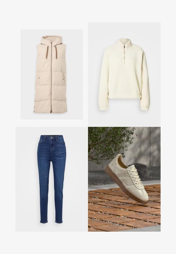 Chaleco acolchado sin mangas beige con capucha, cremallera frontal, cordones marrones y dos bolsillos con botones a presión.; Sudadera de forro polar color crema con cuello alto, media cremallera, ajuste holgado y puños acanalados. Textura suave con un forro interior liso.; Jeans de tiro alto y corte ajustado en denim azul oscuro. Cuenta con cinco bolsillos, presillas para el cinturón y un cierre de botón, con un leve desgastado a lo largo de las piernas.; Zapatilla de color crema con suela de goma beige texturizada, diseño con cordones y sutiles detalles de marca en el lateral. Parte superior de cuero liso.