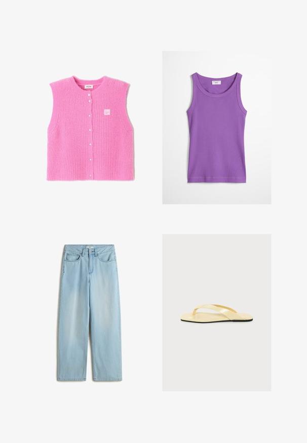 Roze gebreid vest met een ronde halslijn, knoopsluiting en label patch met "LA MAISON AMY", gemaakt van pluizig garen voor een zachte textuur.; Paarse geribbelde mouwloze tanktop met ronde halslijn en Marc O’Polo Denim-label aan de binnenkant van de kraag.; Lichtblauwe hoge taille wijde jeans van denim materiaal, met vijf zakken, een rits en subtiele vervaging op de benen.; Beige platte teenslipper met gekruiste bandjes en een dunne teenslipperdetail op een zwarte zool, zijaanzicht op een witte achtergrond.