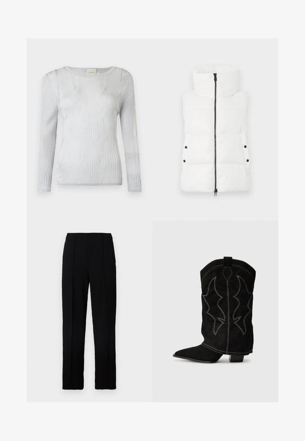 Gilet blanc matelassé sans manches avec col haut, fermeture éclair centrale noire et poches latérales à boutons-pression.; Haut argenté à manches longues avec une texture côtelée et des motifs en vagues, doté d'une encolure ronde et d'un tissu doux. Étiquette visible à l'intérieur du cou.; Pantalon noir à coupe droite, confectionné dans un tissu lisse, doté de deux plis à l'avant et d'une ceinture épurée.; Botte de cowboy en suede noir avec un bout pointu, un petit talon et des coutures décoratives blanches, présentant un motif en forme de flamme sur la tige.
