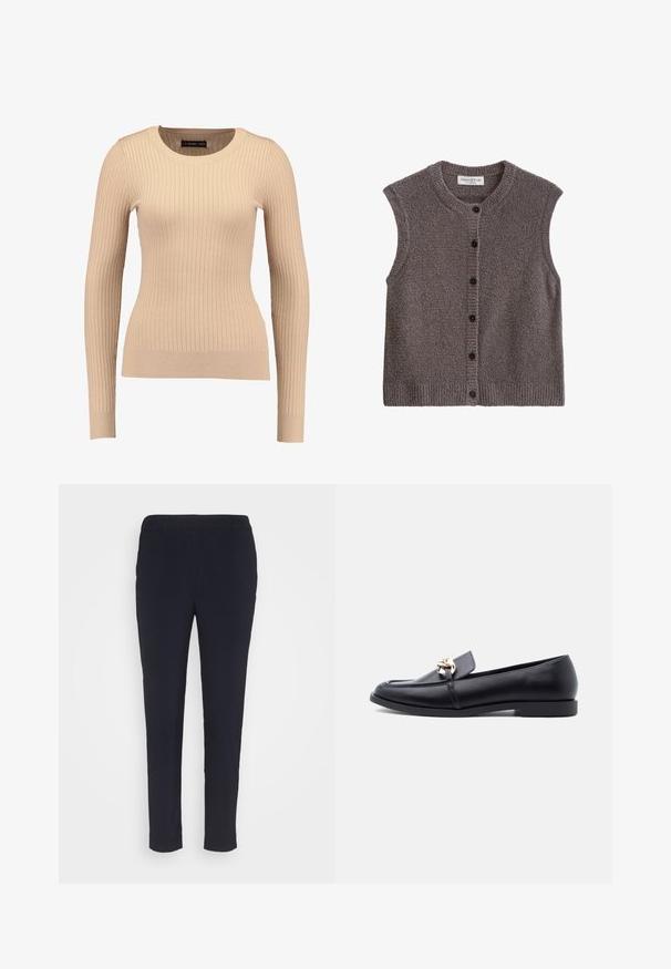 Brun ærmeløs cardigan med tekstureret strikstof, ribstrikket halsudskæring og kant, med sorte knapper ned foran.; Ribbet langærmet sweater i lys beige, lavet af strækbart stof. Har en rund halsudskæring og tætsiddende silhuet med ribbede manchetter.; Marinebukser lavet af glat stof, med en slim fit, flad frontdesign og standard talje med bæltesløjfer. Ingen synlige mønstre eller detaljer.; Sort læderloafer med lav hæl og guldkæde-detalje på toppen, vist fra siden mod en ensfarvet lys baggrund.