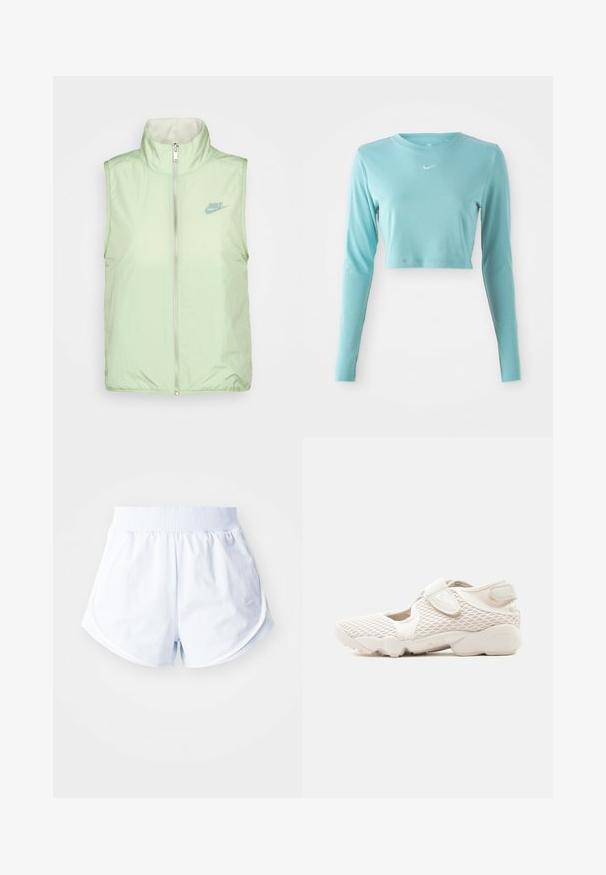 Nike Sportswear VEST - Γιλέκο - honeydew/sea glass; Ανοιχτό μπλε κοντομάνικο πουκάμισο με μακρύ μανίκι, κατασκευασμένο από λείο ύφασμα, με στρογγυλή λαιμόκοψη και ένα μικρό λευκό λογότυπο στο στήθος.; Ανοιχτό μπλε αθλητικά σορτς με ριγέ ζώνη μέσης, κυρτό στρίφωμα και λευκές λεπτομέρειες στο πλάι. Κατασκευασμένα από μαλακό, ελαφρύ υλικό.; Ανοιχτό μπεζ αθλητικό παπούτσι Nike με άνω μέρος από δίχτυ, λουράκια με βέλκρο, μαλακή σόλα και κομμένες πλευρές, σχεδιασμένο για άνεση και αναπνοή.