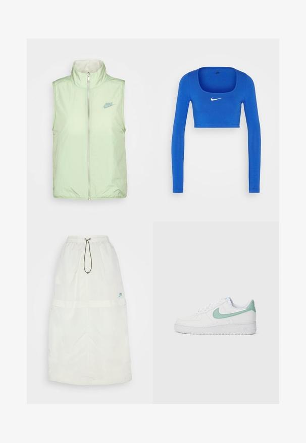 Nike Sportswear VEST - Vesta - honeydew/sea glass; Nike Sportswear W NSW LS CROP TOP SW - Top s dlhým rukávom - game royal/phantom; Dlhá biela sukňa vyrobená z ľahkého materiálu. Obsahuje elastický pás, šnúrku a malé modré logo Nike v pravom dolnom rohu.; Biele kožené tenisky s mätovo zeleným Nike swooshom a pätkou, štruktúrovanou podrážkou a klasickým viazaním.