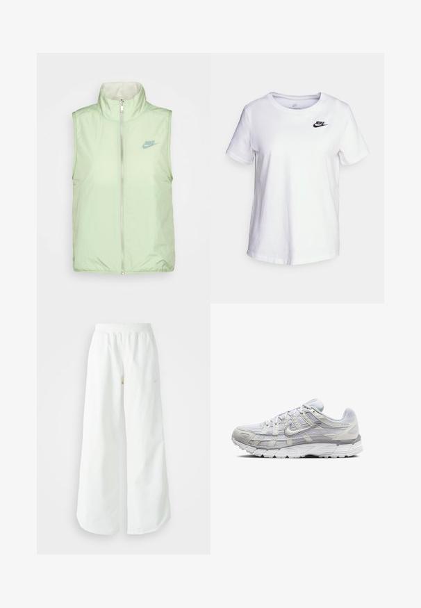 Nike Sportswear VEST - Vesta - honeydew/sea glass; Biela bavlnená tričko s kulatým výstrihom a krátkymi rukávmi. Má čierne logo Nike na hornej ľavej oblasti hrudníka.; Biele široké športové nohavice s ribbovaným pásom a jemným logom. Hladká tkanina s uvoľneným strihom a zúženým lemom.; Svetlo šedé športové topánky s vrchom z ďalekého a syntetického materiálu, so šnurovacím uzáverom, polstrovaným golierom a štruktúrovanou podrážkou pre lepšiu priľnavosť.