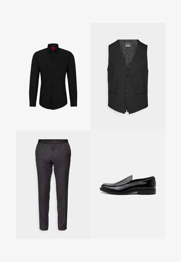 Zwarte vest gemaakt van gladde stof, met een V-hals, vijf zwarte knopen, twee zijzakken en een gemusterde voering.; Zwarte blouse met lange mouwen, knoopsluiting aan de voorkant, klassieke kraag en ronde onderkant; voorzien van zwarte knopen en een rood logo binnenin de kraag.; Op maat gemaakte zwarte broek van een gladde stof, met een slim fit, rechte pijpen en een platte voorkant met ceintuurlussen.; Zwarte glanzende leren instapschoenen met lage hak en afgeronde neus, zijaanzicht op een witte achtergrond.