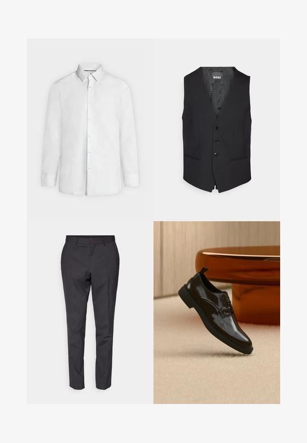 Chaleco negro hecho de una tela suave, con escote en V, cinco botones negros, dos bolsillos laterales y un forro interior con estampado.; Camisa blanca de vestir de manga larga con cuello abierto y puños abotonados, mostrada de frente sobre un fondo liso gris claro.; Pantalones grises ajustados con una textura suave, corte slim y piernas entalladas, con un frente plano y lazos para cinturón como detalle adicional.; Zapato de vestir negro brillante de cuero con cordones flotando sobre una alfombra beige con una mesa redonda marrón brillante al fondo.