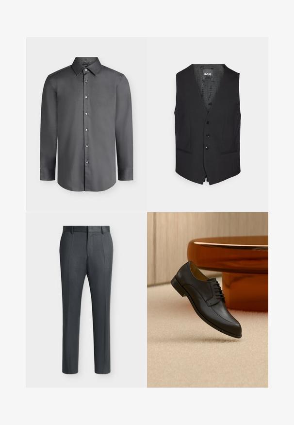 Chaleco negro hecho de una tela suave, con escote en V, cinco botones negros, dos bolsillos laterales y un forro interior con estampado.; Camisa de vestir para hombre de manga larga en gris oscuro con cuello puntiagudo y botones delanteros, mostrada sobre un fondo gris claro.; Pantalones formales de color gris oscuro con trabillas para cinturón y líneas de pliegue, exhibidos sobre un fondo claro y liso.; Zapato de vestir negro de cuero con cordones flotando sobre una alfombra beige, con una mesa redonda naranja al fondo.