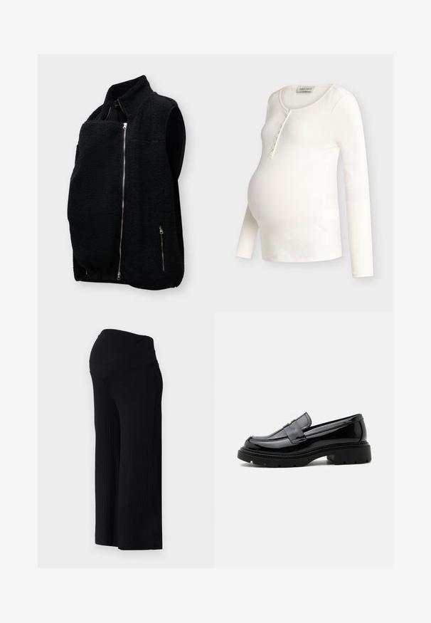 Sort fleece-vest uden ærmer med frontlynlås og lynlåslomme i siden, designet til varme og komfort.; Kremfarvet ribstrikket langærmet graviditetstop med rund halsudskæring og knapåbning, designet til at passe over en gravid mave.; Sorte ribbede bredbenede bukser med høj talje. Stoffet er glat og strækbart, hvilket skaber en afslappet pasform hele vejen ned ad benene.; Sort skinnende læderloafer med kraftig sål og pennyrem, vist i sideprofil på en ensfarvet hvid baggrund.