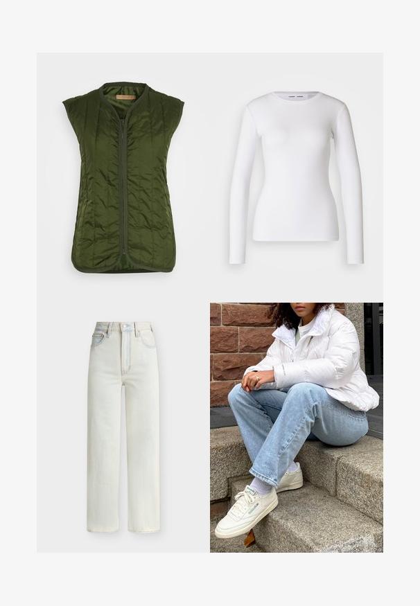 Denim Project JULES VEST - Vesta - deep depths; Biely dlhý rukáv tričko vyrobené z rebrovanej látky, s okrúhlym výstrihom a priliehavým strihom. Neobsahuje vzory ani akcenty.; Džínsy s vysokým pásom a rovnými nohavicami v svetlomodrom prevedení s predným zapínaním na gombík, zipsom a piatimi vreckami.; Biely nafukovací kabát s vysokým golierom, svetlo modré džínsy a biele tenisky Reebok. V pozadí sú štruktúrované kamenné schody.