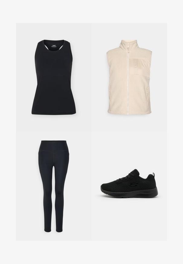 Fleece vest i lys beige med høj krave, frontlynlås og en patchlommen med glat struktur. To sidelommer inkluderet.; Sort ærmeløs sportstanktop med rund halsudskæring og bryderryg, vist på ensfarvet lyst baggrund.; Sorte leggings i fuld længde lavet af strækbart stof med en høj talje, der har flade sømme og ingen fremtrædende mønstre eller udsmykninger.; Sorte atletiske sneakers med en mesh overdel, polstret krave, snørebåndsdesign og en tekstureret gummisål. Enkel og strømlinet silhuet.