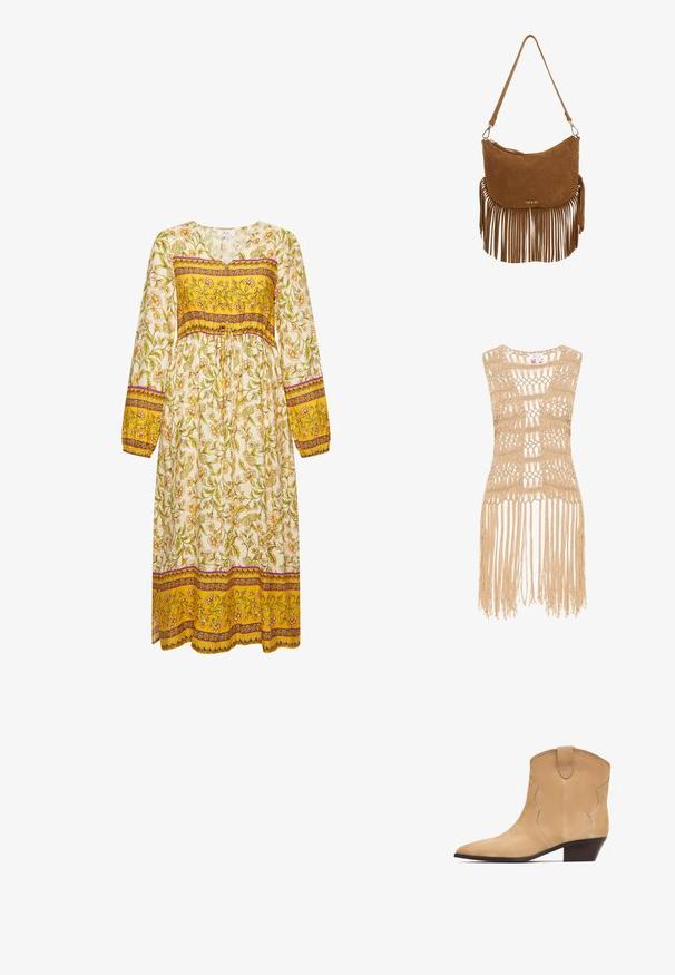 Beige hæklede top med en åben vævning og frynsedetaljer ved kanten. Materialet ser let og tekstureret ud.; Langærmet kjole med blomstermotiv, der har en hvid base og gule og lilla stribede detaljer ved taljen og ærmerne, samt en snor til at binde.; Beige ruskinds ankelstøvle med spids tå og subtil bølget detaljering, med en lav træsko hæl og en pull-tab bagpå.; Brun skuldertaske i ruskind med frynse-detalje nederst, buet form, gullogo på forsiden og justerbar rem.