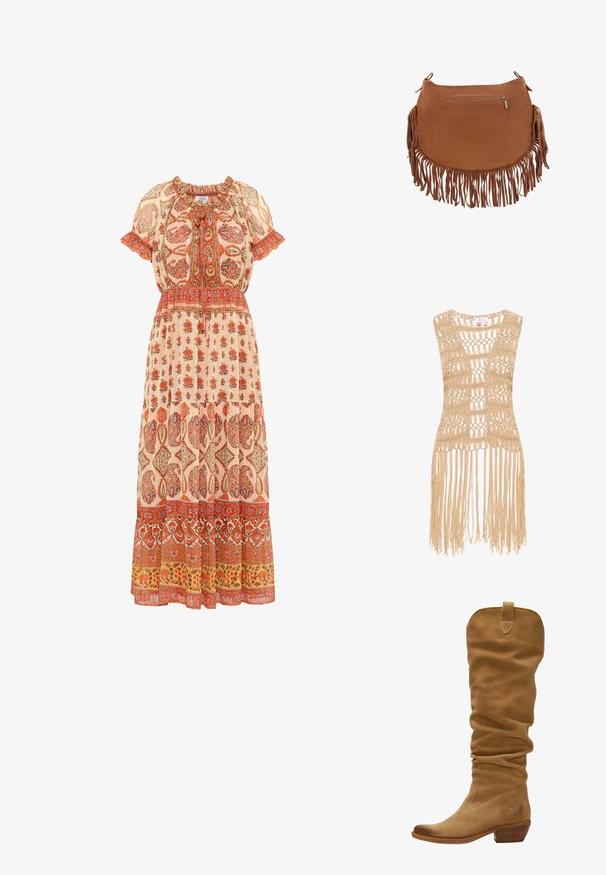 Beige hæklede top med en åben vævning og frynsedetaljer ved kanten. Materialet ser let og tekstureret ud.; Maxikjole i let stof med blomsterprint i røde og orange nuancer, med en sammensamlet halsudskæring, korte ærmer og en lagdelt kant.; Suede knæhøj støvle i lysebrun med et slouchy design, spids tå og stablet hæl. Har en loop øverst for nemmere påklædning.; Brun ruskindshåndtaske med lange frynser langs bunden og siderne samt en lille vandret lynlåslomme foran.