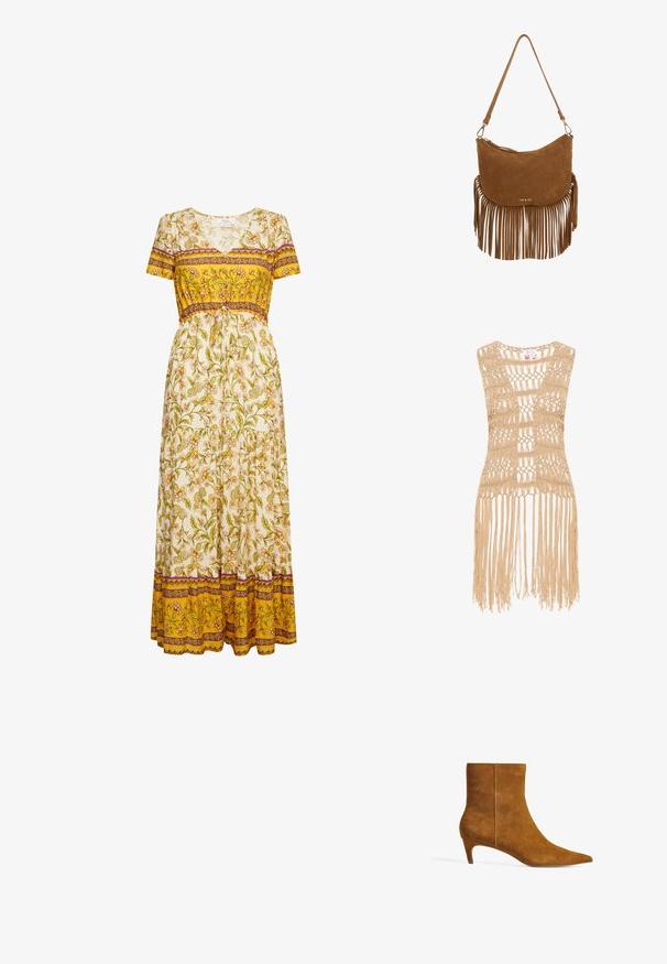Beige hæklede top med en åben vævning og frynsedetaljer ved kanten. Materialet ser let og tekstureret ud.; Maxikjole i let stof med en hvid bund og blomsterprint i gult og grønt. Accentueret med lilla og gyldne striber i taljen og kanten.; Brune ruskind ankelstøvle med spids tå og en lav kittenhæl. Designet har en glat tekstur og en sømløs overdel.; Brun skuldertaske i ruskind med frynse-detalje nederst, buet form, gullogo på forsiden og justerbar rem.