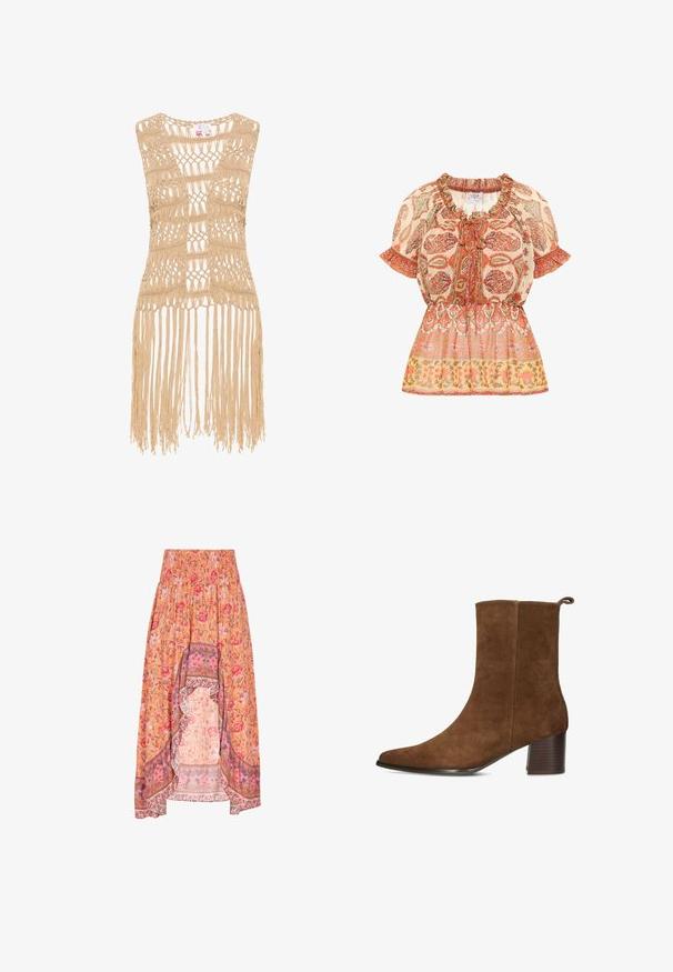 Beige haakvesttop met een open weefpatroon en franjes aan de onderkant. Het materiaal lijkt lichtgewicht en gestructureerd.; Blouse met een gathered halslijn en korte mouwen; heeft een bloemig paisleypatroon in oranje, wit en gouden tinten, met een getailleerde taille.; Bloemenmaxi-rok met een smockband, voorzien van een oranje basis, roze en rode bloemen, en contrasterende, gemusterde zoomdetails.; Bruine suède enkelboot met een spitse neus, lage gestapelde hak en een trekband aan de achterkant. Glad textuur met minimale stikdetails.