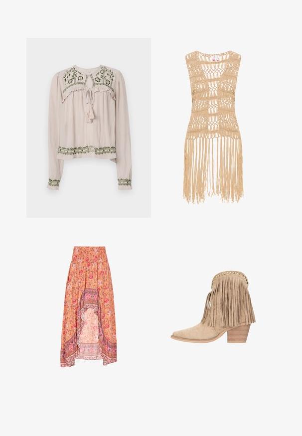 Top sin mangas de ganchillo en color beige con un diseño de tejido abierto y detalles de flecos en el dobladillo. El material parece ligero y texturizado.; Blusa de manga larga rosa claro con acentos con volantes, bordado floral verde en el pecho y el dobladillo, y cuello atado con un borlón.; Falda maxi floral con cintura fruncida, que presenta una base naranja, flores rosas y rojas, y detalles de dobladillo de patrón en contraste.; Botín de ante beige con detalles de flecos, tachuelas doradas a lo largo del borde superior y tacón bloque de madera apilada.