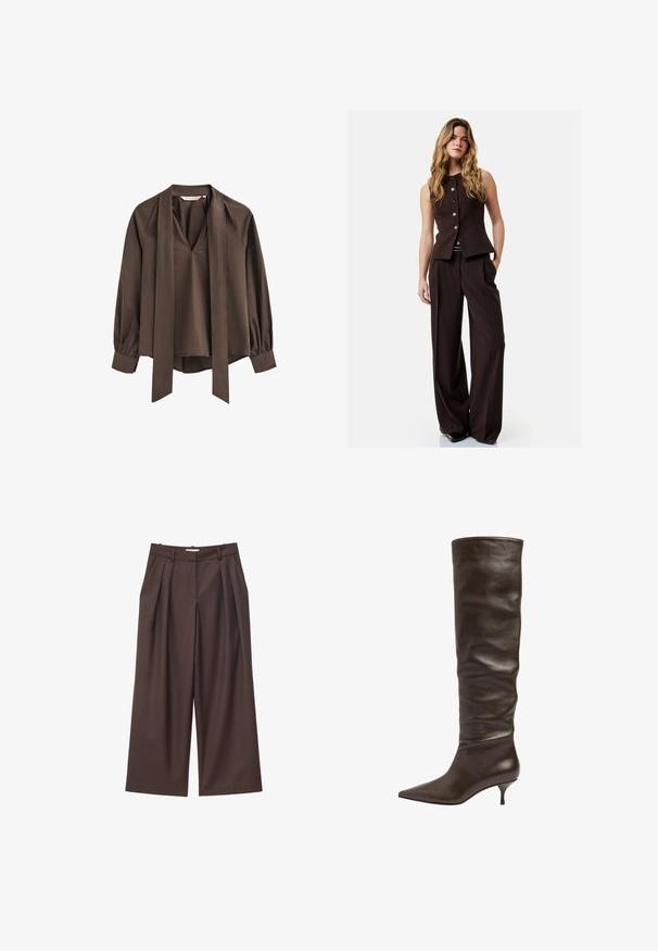 Mujer con cabello largo y ondulado lleva un chaleco negro sin mangas con botones y pantalones negros de pata ancha y cintura alta, de pie con una mano en el bolsillo.; Blusa marrón de manga larga con escote en V profundo, corbata ancha adjunta y puños fruncidos.; Pantalones marrones de cintura alta y piernas anchas con pliegues delanteros, trabillas para cinturón y cierre frontal oculto.; Scarosso SCAROSSO - Botas - dark brown - calf