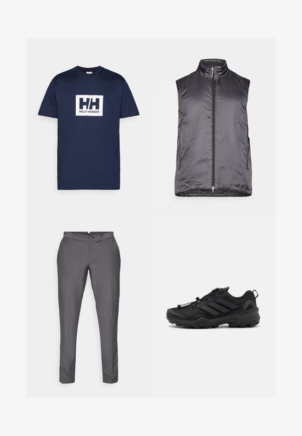 Houdini VEST - Γιλέκο - true black; Ναυτικό μπλε βαμβακερό t-shirt με άσπρο ορθογώνιο λογότυπο που έχει στο κέντρο "HH" και το κείμενο "HELly HANSEN" στο στήθος. Κοντά μανίκια.; Γκρι παντελόνι από μαλακό ύφασμα. Διαθέτει εφαρμοστή γραμμή με flat μπροστά μέρος, τρυπίτσες για ζώνη και κλείσιμο με κουμπί. Κλασικός σχεδιασμός.; Μαύρο αθλητικό παπούτσι με υφασμάτινη επάνω επιφάνεια με υφή, αντίθετα συνθετικά στοιχεία και ανθεκτική καουτσούκ σόλα. Διαθέτει ασφαλές σύστημα κορδονιών και πίσω λαβή.