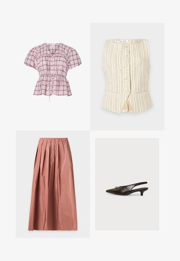 Veste sans manches beige à rayures verticales, fermeture boutonnée à l'avant, deux poches latérales et un ourlet légèrement évasé. Texture légère et respirante.; Blouse peplum à manches courtes en rose clair et à motif vichy blanc. Dotée d'un nœud à l'avant, de fronces à la taille et en coton doux.; Longue jupe rose poudré avec plis, taille élastique et tissu léger, présentée à plat sur un fond clair.; Escarpin slingback en cuir verni marron foncé à bout pointu, petite boule décorative dorée et petit talon kitten, présenté sur un fond blanc uni.