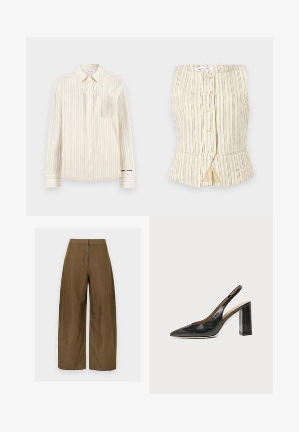 Veste sans manches beige à rayures verticales, fermeture boutonnée à l'avant, deux poches latérales et un ourlet légèrement évasé. Texture légère et respirante.; Chemise à boutons couleur crème avec des rayures verticales, manches longues, une poche poitrine, et le nom de la marque brodé en contraste sur le poignet.; Pantalon large en lin marron avec une texture lisse, doté d'une taille ajustée et de deux poches latérales. Le design offre une silhouette ample.; Chaussure slingback en cuir noir à bout pointu avec un talon bloc haut et une doublure intérieure beige sur un fond clair uni.