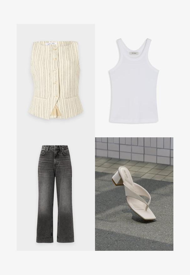 Hihaton beige liivi pystysuuntaisilla raidoilla, edessä napitus, kaksi sivutaskua ja hieman levenevä helma. Materiaali näyttää kevyeltä ja hengittävältä.; Valkoinen top piha, joka on valmistettu sileästä kankaasta, jossa on pyöreä pääntie ja leveät olkaimet, ja sisäpuolella on etiketti, jossa lukee "IVY OAK."; Tummanharmaat leveät farkut, joissa on haalistunut pinta, napp closure, viiden taskun muotoilu ja näkyvät ompeleet helmoissa.; Beigen värinen korkokengäsandaali, jossa on neliömäinen kärki ja ristikkäiset remmit, harmaalla asfaltilla lähellä laatoitettua seinää taustalla.