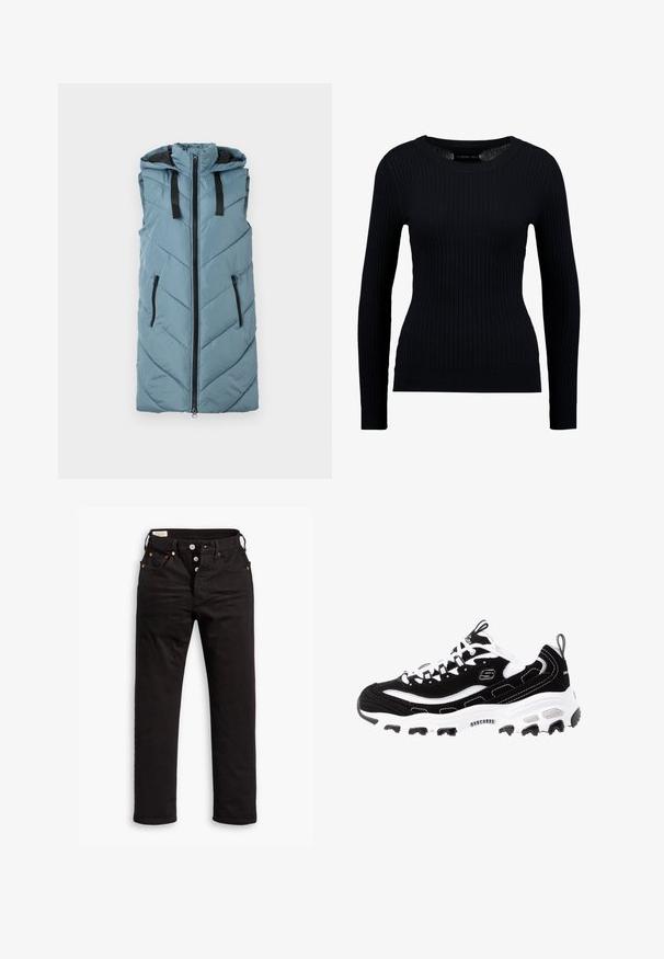 Ærmeløs puffervest i lys blå med lynlås foran, sorte lynlåslommer og chevron quiltet mønster. Har en hætte og kontrasterende indvendig foring.; Sort ribbet langærmet sweater med rund halsudskæring og tætsiddende silhuet. Teksturen er glat med en subtil strækbarhed.; Sorte lige jeans med knaplukning, front- og baglommer samt kobbernitte detaljer på en hvid baggrund.; Sort og hvid atletisk sko med overdel i ruskind, polstret krave og let sål. Har fremtrædende logo og kontrasterende syninger.