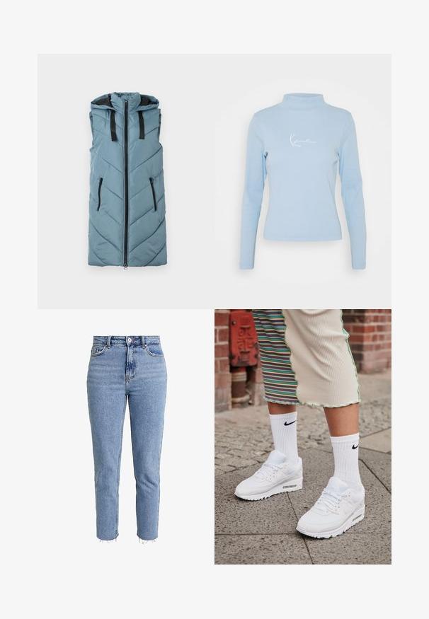 Gilet sans manches en duvet de couleur bleu clair avec une fermeture éclair à l'avant, des poches zippées noires et un motif en chevrons. Comprend une capuche et une doublure intérieure contrastée.; Haut à manches longues bleu clair en tissu côtelé, doté d'un col montant et de texte brodé blanc sur la poitrine.; Jean taille haute bleu clair en denim, avec une coupe droite, un ourlet effiloché et un design minimaliste sans ornements.; Baskets Nike Air Max 90 blanches avec une tige en maille et cuir, dotées d'une unité d'air visible, accompagnées de chaussettes blanches côtelées avec un logo noir.