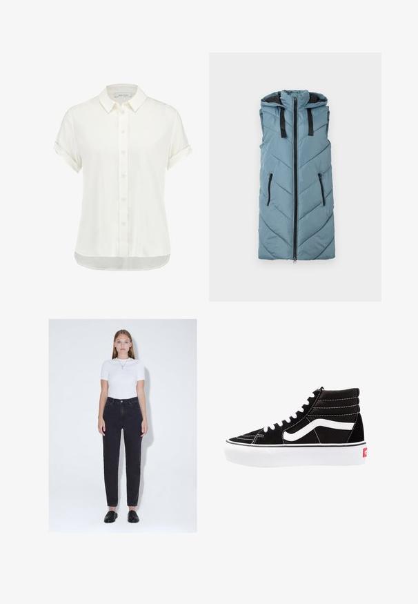 Gilet sans manches en duvet de couleur bleu clair avec une fermeture éclair à l'avant, des poches zippées noires et un motif en chevrons. Comprend une capuche et une doublure intérieure contrastée.; Blouse blanche à manches courtes en tissu léger, avec un devant à boutons, un col et des poignets retroussés, ainsi qu'un ourlet légèrement arrondi.; Jeune femme aux cheveux raides porte un haut blanc à manches courtes, un jean noir taille haute, des chaussures noires sans lacets et un collier pendentif, debout.; Baskets montantes noires avec des lacets blancs, un logo blanc et des coutures blanches contrastées. Dotées d'une épaisse semelle blanche et d'un dessus en daim texturé.