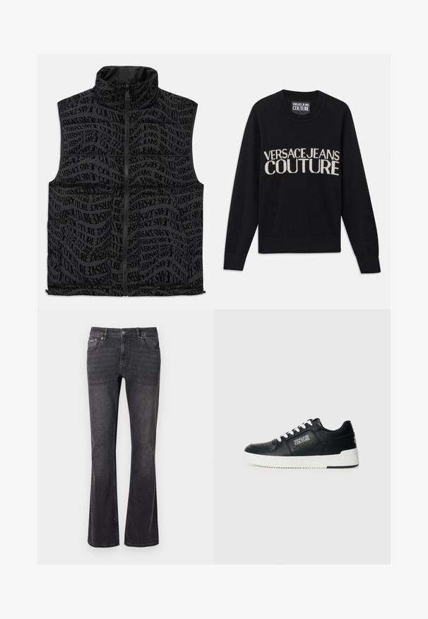 Sort polstret vest med et heltrykt teksturdesign, der viser ordene "VERSACE" og "COUTURE" i forskellige orienteringer. Lynlåslukning foran.; Sort strikket sweater med rund hals. Har "VERSACE JEANS COUTURE" logo i kontrasterende cremefarve. Ribbet manchetter og kant. Blød tekstur.; Sorte denimbukser med en flared design, fem lommer og metalknaplukning. Stoffet har en glat tekstur med subtil slid.; Sorte lædersneakers med hvid sål, med et logo på siden, rund tå og perforeret design for åndbarhed. Hvide snørebånd.