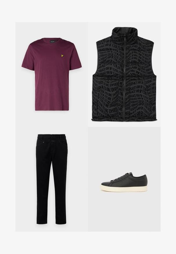 Sort polstret vest med et heltrykt teksturdesign, der viser ordene "VERSACE" og "COUTURE" i forskellige orienteringer. Lynlåslukning foran.; Mørkerød bomulds t-shirt med rund hals, korte ærmer og et lille gult ørne-logo på venstre bryst. Glat overflade, almindelig pasform.; Sorte denimbukser med straight-leg design, der har knaplukning, fem lommestyle og en glat tekstur.; Sort lædersneakers med glat tekstur, hvid gummisål, rund tå og matchende sorte snørebånd. Diskret branding på siden.