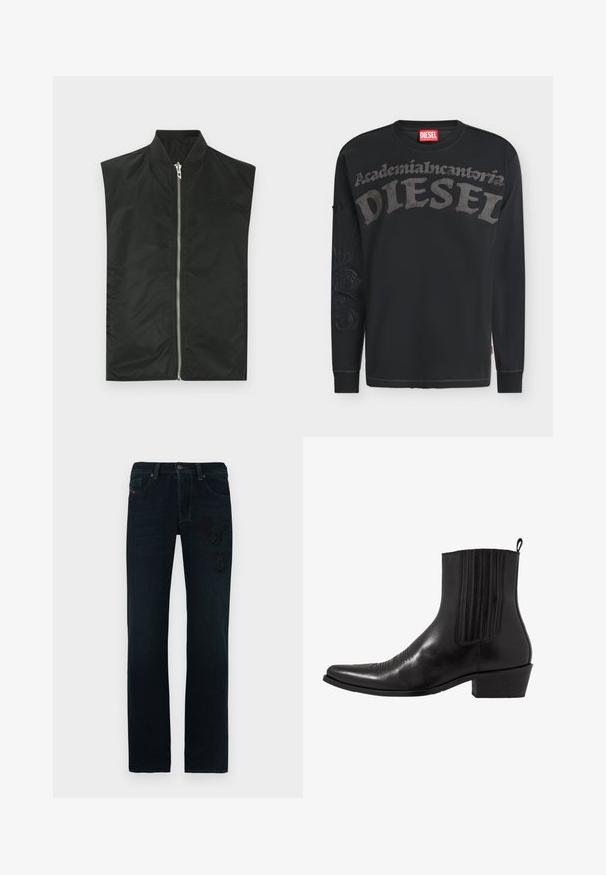 Blouson aviateur noir sans manches en nylon lisse, doté d'une fermeture éclair frontale, d'un col côtelé et d'une broderie discrète du logo sur la poitrine.; Sweat-shirt Diesel noir à manches longues avec grand texte gris « Academia Incantoria DIESEL » sur la poitrine et design subtil sur la manche gauche.; Jean en denim foncé avec une coupe droite, présentant des patchs brodés ton sur ton et une ceinture classique à cinq poches.; Bottine noire en cuir avec un bout pointu, des panneaux latéraux élastiques, des accents de coutures verticales et un petit talon bloc.