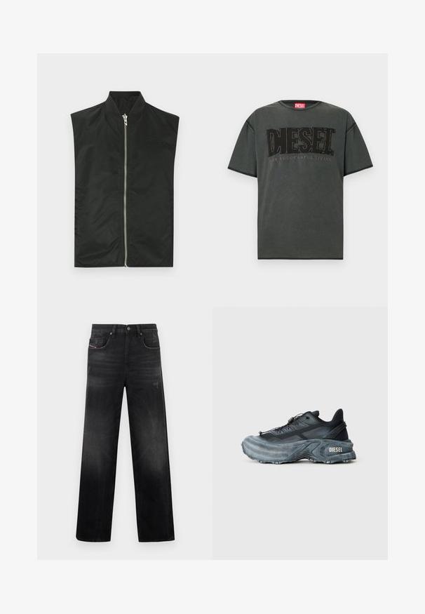 Blouson aviateur noir sans manches en nylon lisse, doté d'une fermeture éclair frontale, d'un col côtelé et d'une broderie discrète du logo sur la poitrine.; T-shirt à manches courtes gris foncé en coton. Présente un grand logo DIESEL noir et le texte "FOR SUCCESSFUL LIVING" dans un design contrastant.; Jean en denim noir à coupe droite, avec cinq poches, un léger délavage et un aspect usé. Détails visibles en métal et coutures apparentes.; Baskets Diesel noires et grises avec semelle épaisse, système de laçage à bascule et design texturé sur fond gris clair uni.
