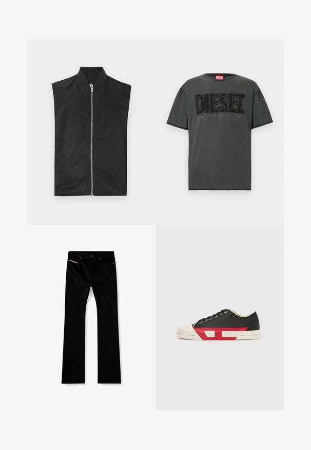 Blouson aviateur noir sans manches en nylon lisse, doté d'une fermeture éclair frontale, d'un col côtelé et d'une broderie discrète du logo sur la poitrine.; T-shirt à manches courtes gris foncé en coton. Présente un grand logo DIESEL noir et le texte "FOR SUCCESSFUL LIVING" dans un design contrastant.; Jeans noirs à jambe droite avec bouton et fermeture éclair à l'avant, poches avant et arrière, et une étiquette blanche visible dans la poche avant droite.; Baskets en toile noire avec des accents rouges, un bout en caoutchouc et une semelle blanche. Elles présentent des lacets noirs et un design texturé sur le côté.