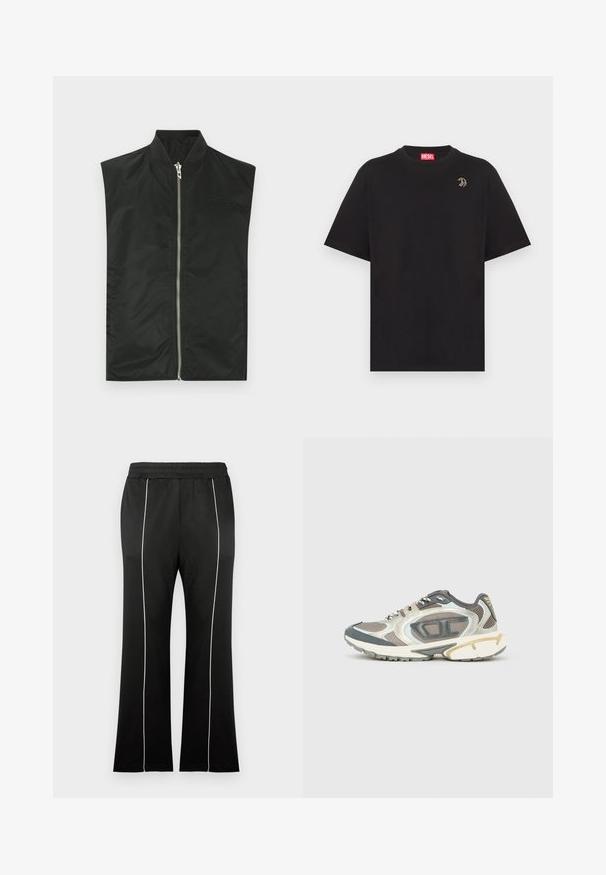 Blouson aviateur noir sans manches en nylon lisse, doté d'une fermeture éclair frontale, d'un col côtelé et d'une broderie discrète du logo sur la poitrine.; T-shirt noir à manches courtes et col rond avec une petite lettre stylisée brodée sur le côté gauche de la poitrine et une étiquette de marque Diesel rouge à l'intérieur du col.; Pantalon de sport noir avec une taille cintrée, doté de bandes blanches sur les côtés et d'une coupe évasée aux jambes. Fabriqué en tissu doux et extensible.; Chaussures de sport en matériaux gris, blanc et beige, dotées d'une tige en mesh, d'une semelle épaisse et d'accents texturés. Détails réfléchissants sur les côtés.